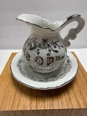 Lefton 25th Silver Anniversary Creamer Plate Set Japan Porcelain 909-7